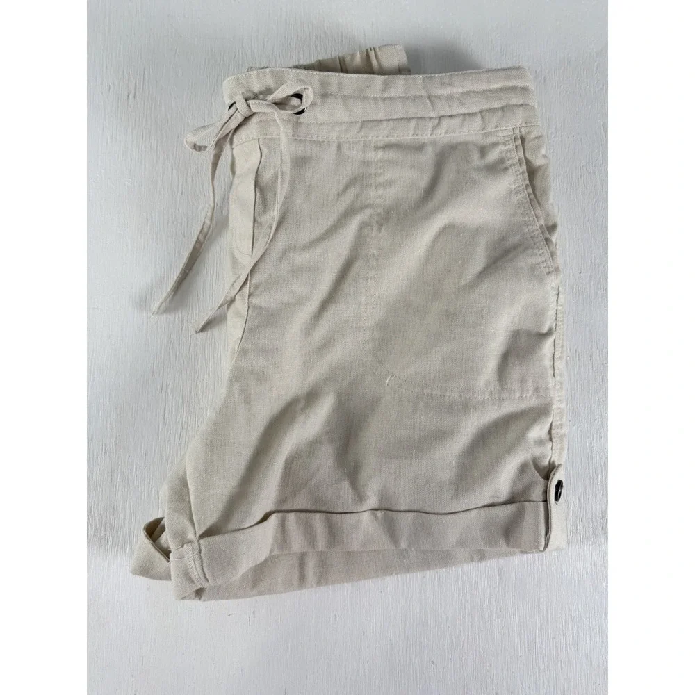 Per Se Shorts Ivory Tan‎ Linen Blend Women's Size Small Tie Elastic Coastal